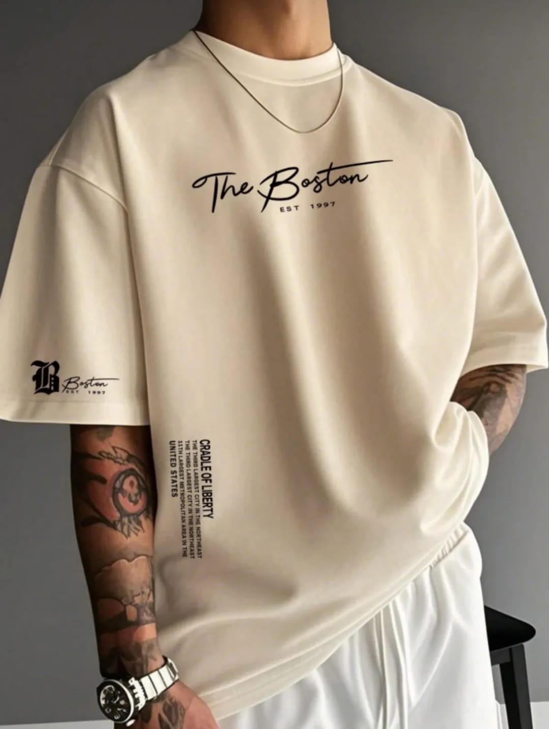 Unisex Erkek/Kadın THE BOSTON Özel Baskılı Oversize Pamuklu Bisiklet Yaka T-Shirt