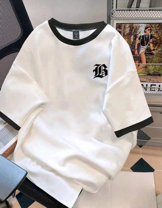 Unisex Erkek/Kadın Yaka Siyah B Özel Baskılı Oversize Pamuklu  T-Shirt