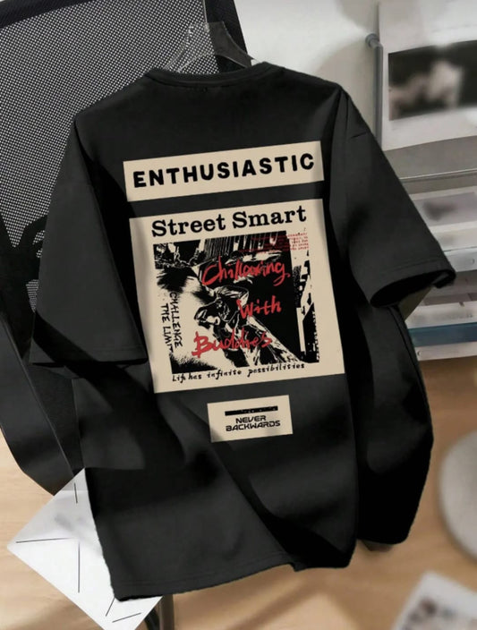 Unisex Erkek/Kadın STREET Özel Baskılı Oversize Pamuklu Bisiklet Yaka T-Shirt