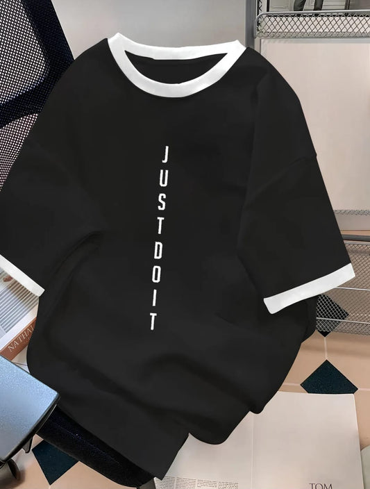 Unisex Erkek/Kadın Siyah Beyaz Yaka JUSTDOLT Özel Baskılı Oversize Pamuklu Bisiklet Yaka T-Shirt
