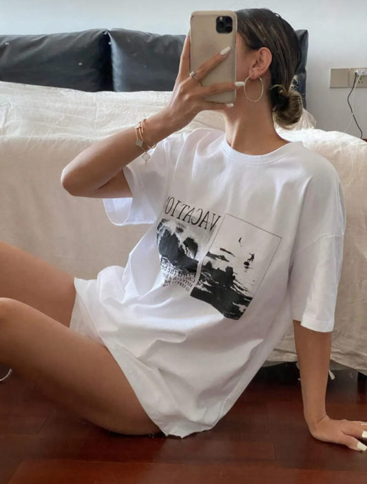 Unisex Erkek/Kadın VACATİON Özel Baskılı Oversize Pamuklu Bisiklet Yaka T-Shirt
