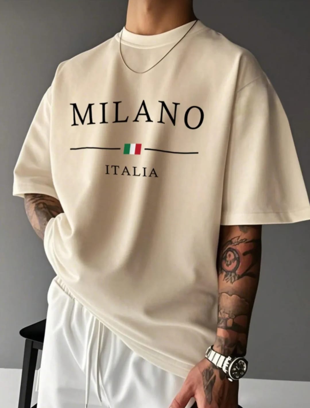 Unisex Erkek/Kadın MILANO Özel Baskılı Oversize Pamuklu Bisiklet Yaka T-Shirt