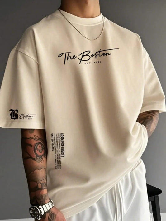 Unisex Erkek/Kadın THE BOSTON Özel Baskılı Oversize Pamuklu Bisiklet Yaka T-Shirt