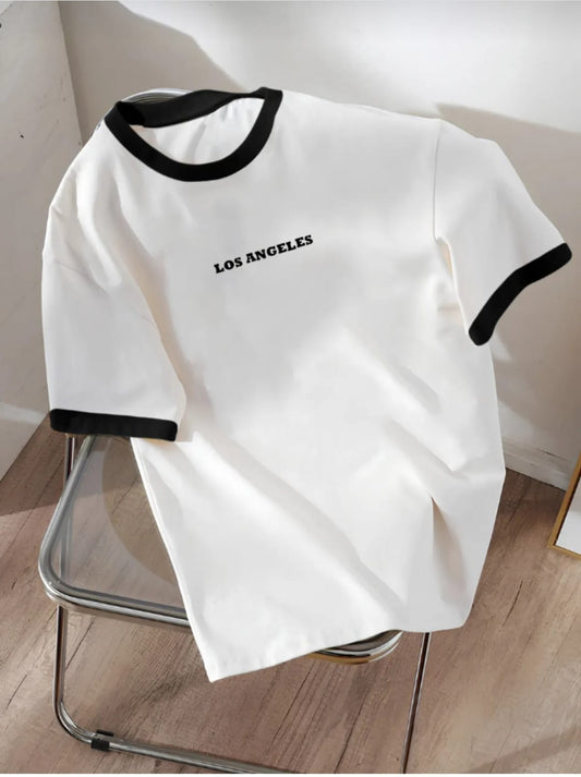 Unisex Erkek/Kadın Siyah Beyaz Yaka LOS ANGELES Özel Baskılı  Oversize Pamuklu T-Shirt