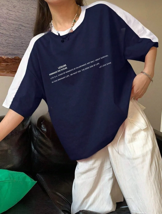 Leisure Future Parçalı Süprem T-Shirt - Lacivert Beyaz Oversize Bisiklet Yaka Kısa Kol Tişört