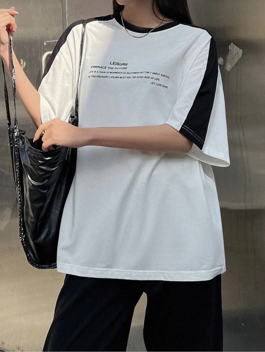 Leisure Future Parçalı Süprem T-Shirt - Beyaz Siyah Oversize Bisiklet Yaka Kısa Kol Tişört