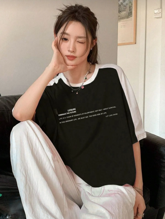 Leisure Future Parçalı Süprem T-Shirt - Siyah Beyaz Oversize Bisiklet Yaka Kısa Kol Tişört
