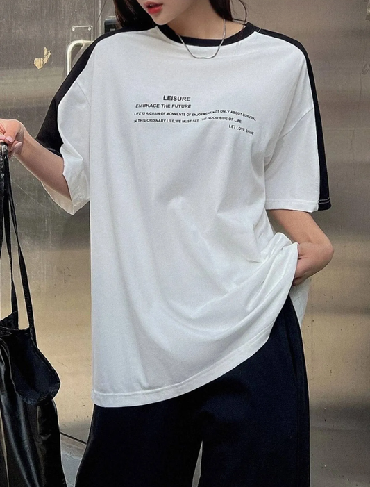 Leisure Future Parçalı Süprem T-Shirt - Beyaz Siyah Oversize Bisiklet Yaka Kısa Kol Tişört