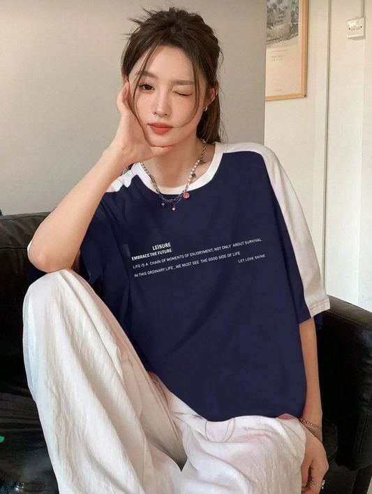 Leisure Future Parçalı Süprem T-Shirt - Lacivert Beyaz Oversize Bisiklet Yaka Kısa Kol Tişört