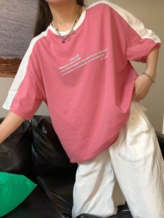 Leisure Future Parçalı Süprem T-Shirt - Pembe Beyaz Oversize Bisiklet Yaka Kısa Kol Tişört