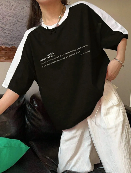 Leisure Future Parçalı Süprem T-Shirt - Siyah Beyaz Oversize Bisiklet Yaka Kısa Kol Tişört
